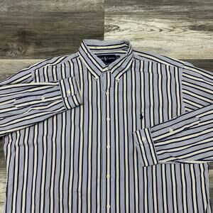 Ralph Lauren Shirt Blue Yellow Mens XL Vertical Striped Button Down‎ Vintage 90s